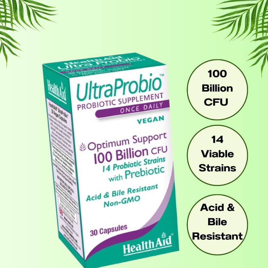 HealthAid UltraProbio packaging showing Product of England, Non-GMO, and room-temperature stability