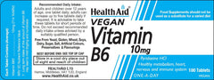 HealthAid Vitamin B6 (Pyridoxine HCl) 10mg bottle – label view