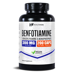 Healthfare Benfotiamine 300mg bottle with 200 vegan capsules