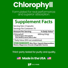 Chlorophyll capsules 600mg bottle with label highlighting vegan and gluten-free
