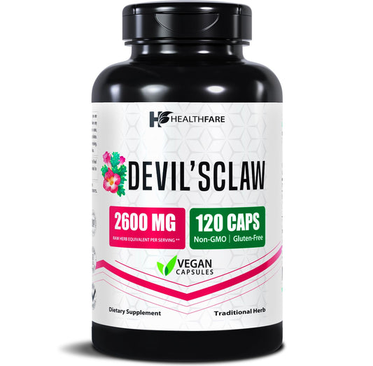 Healthfare Devils Claw Root 2600mg bottle with 120 vegan capsules – front view