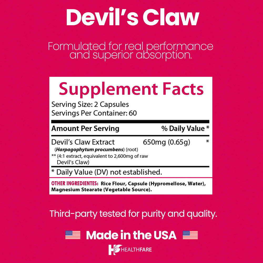 Label close-up showing 650mg Devil’s Claw root extract per serving