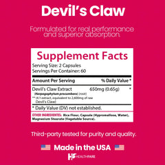 Label close-up showing 650mg Devil’s Claw root extract per serving