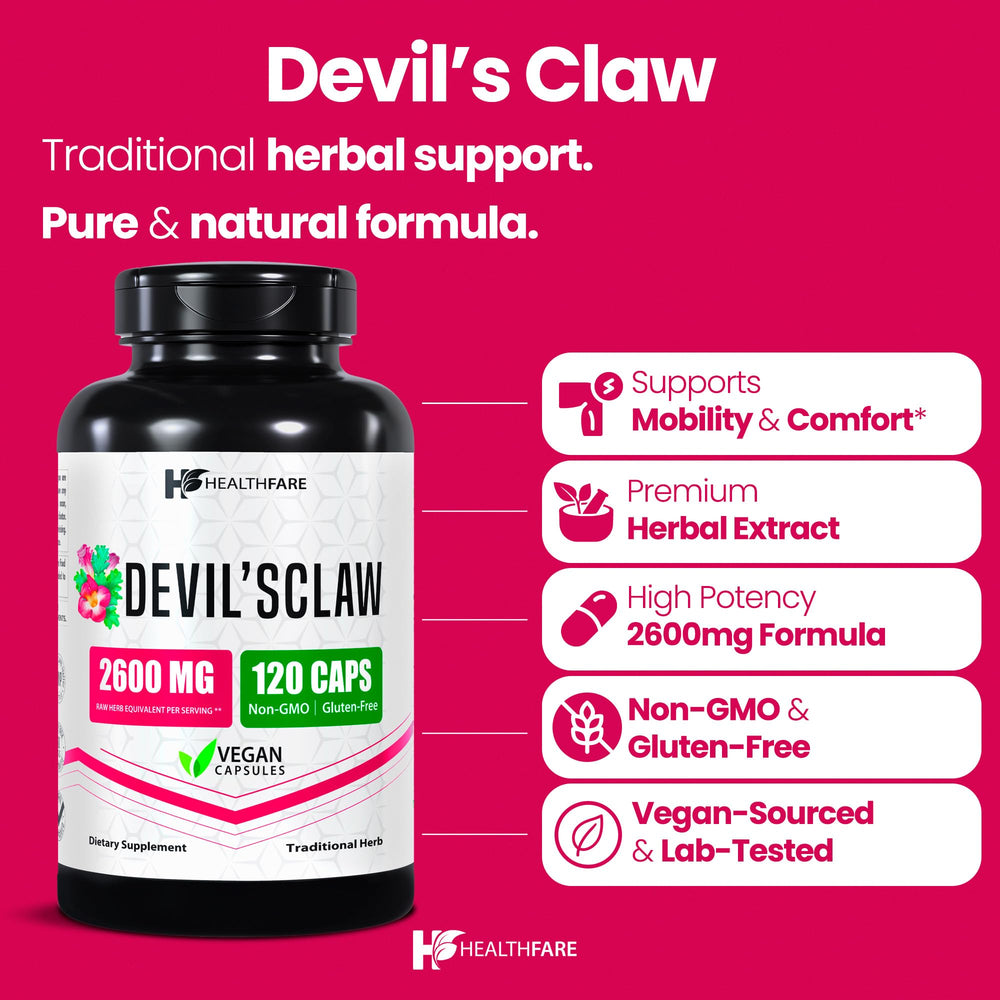 Healthfare Devils Claw Root 2600mg bottle on a clean white background