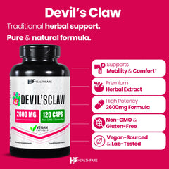 Healthfare Devils Claw Root 2600mg bottle on a clean white background