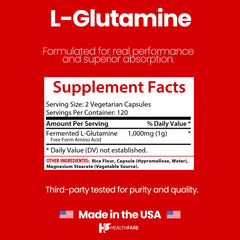 Close-up of HealthFare L Glutamine label showing 1000mg per serving