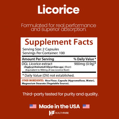 Close-up of Healthfare Licorice Root Extract 900mg capsules