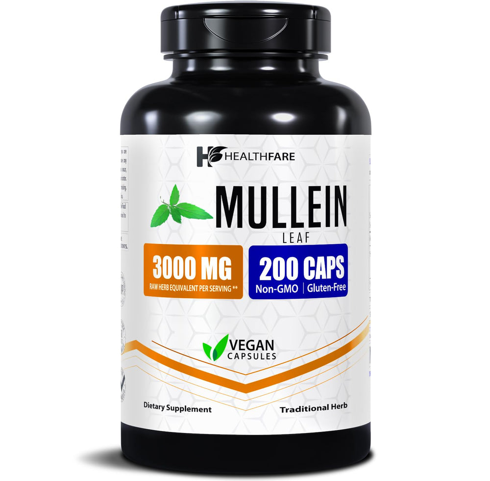 Healthfare Mullein Leaf Extract bottle label with 200 vegan capsules