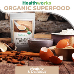 Front of bottle packaging for Healthworks psyllium husk powder