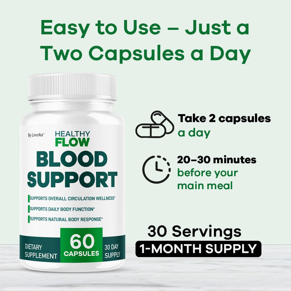 Front view of Healthy Flow Blood Support bottle with packaging