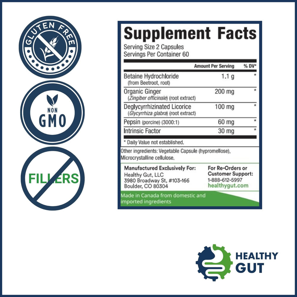 Label on bottle highlighting Betaine HCl, Ginger, DGL and Pepsin