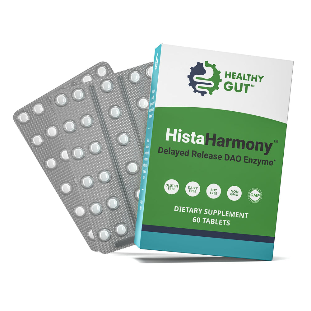 Product label showing Healthy Gut HistaHarmony packaging