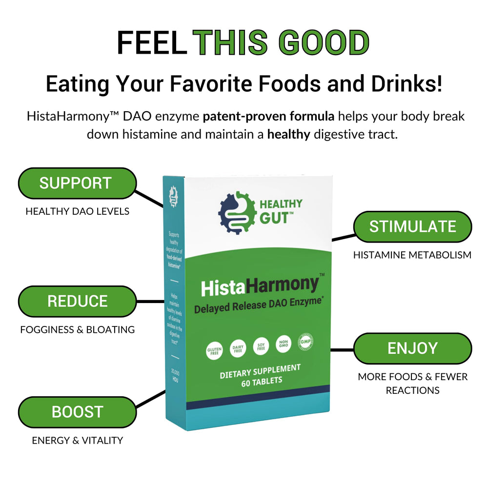 Healthy Gut HistaHarmony packaging box highlighting gluten-free and dairy-free formula.