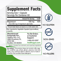 Product label showing 180 mg magnesium glycinate per capsule