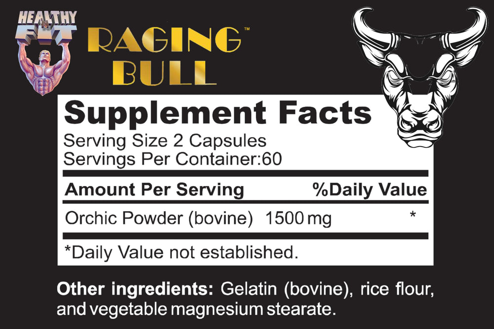 Back view of Healthy N Fit Raging Bull Mega Orchic bottle showing capsule count