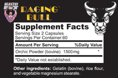 Back view of Healthy N Fit Raging Bull Mega Orchic bottle showing capsule count
