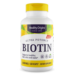 Healthy Origins Biotin 10,000 mcg bottle label with USP Grade Non-GMO Gluten Free