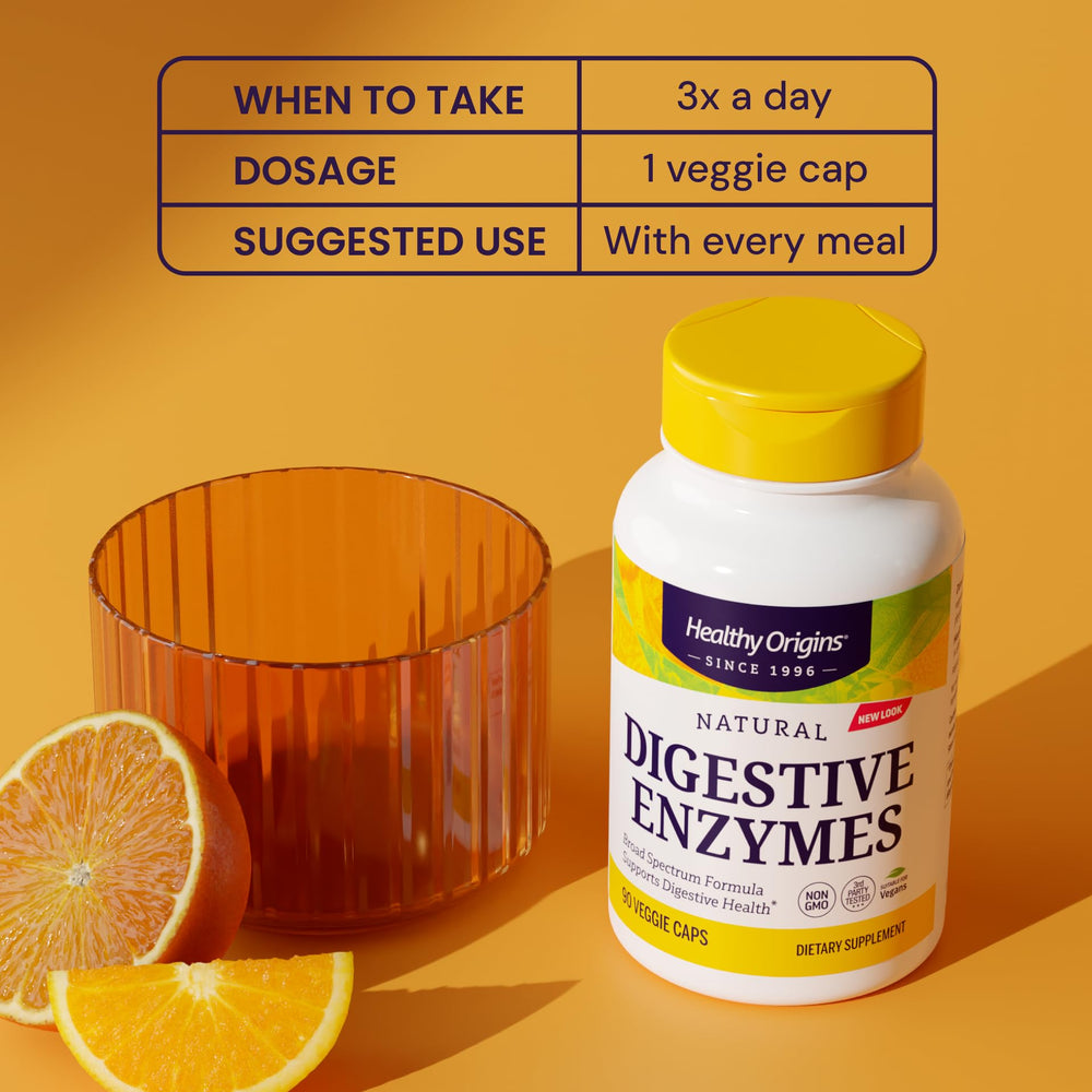 Healthy Origins Digestive Enzymes bottle pour demonstrates convenient after-meal dosing.