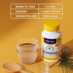 Healthy Origins Pycnogenol packaging emphasizes non-GMO and vegan formula.