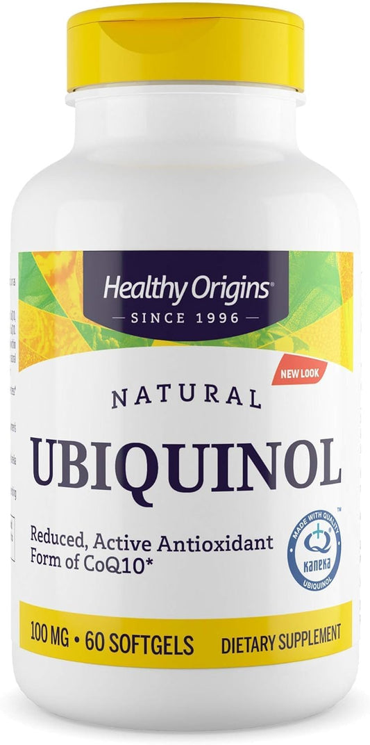 Healthy Origins Ubiquinol 100 mg bottle and softgels front view