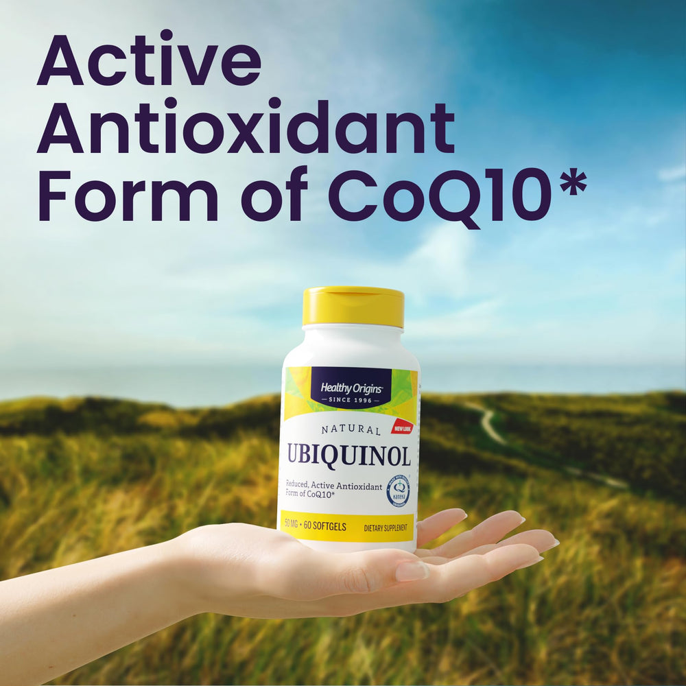 Ubiquinol 50 mg softgel capsules on white background