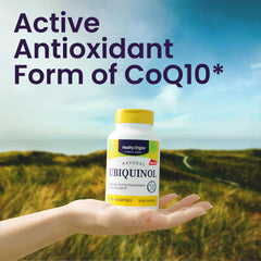 Ubiquinol 50 mg softgel capsules on white background
