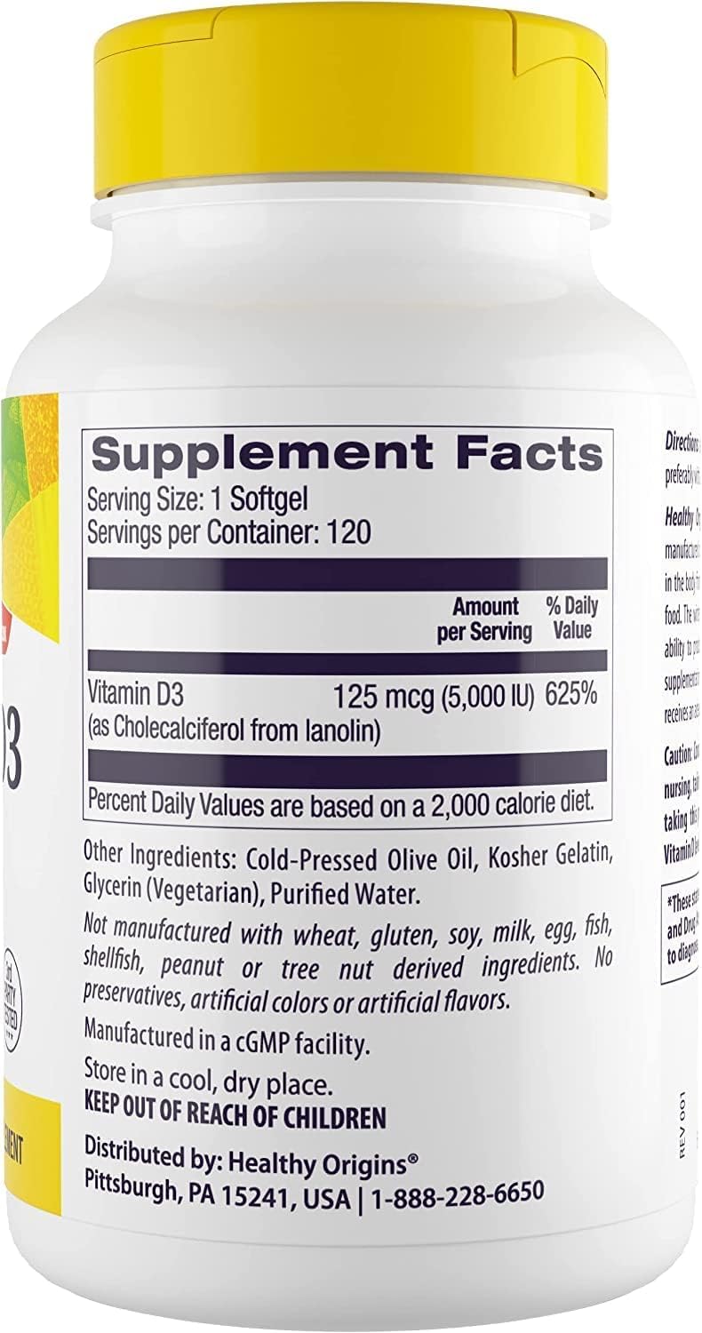 Non-GMO Gluten Free Vitamin D3 5,000 IU softgels label