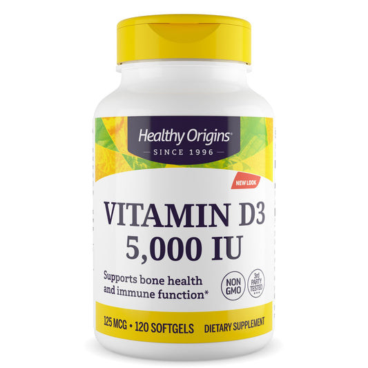Healthy Origins Vitamin D3 5,000 IU softgels bottle showcasing 120-count