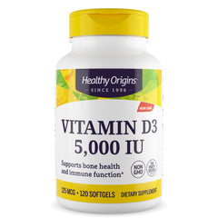 Healthy Origins Vitamin D3 5,000 IU softgels bottle showcasing 120-count