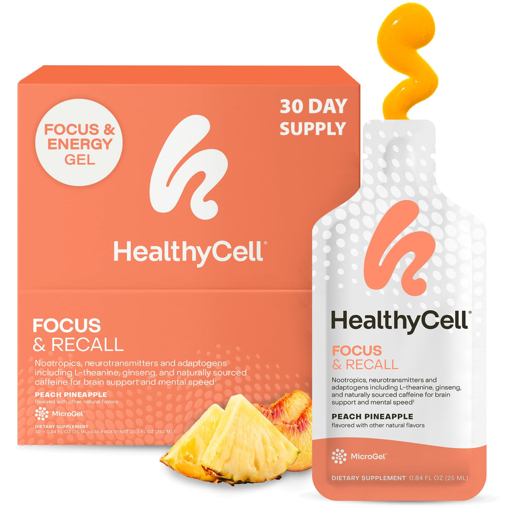 HealthyCell Focus & Recall gel pack in peach pineapple flavor