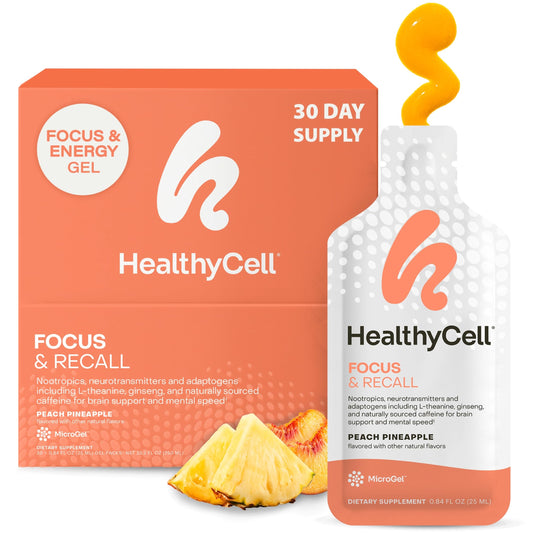 HealthyCell Focus & Recall gel pack in peach pineapple flavor