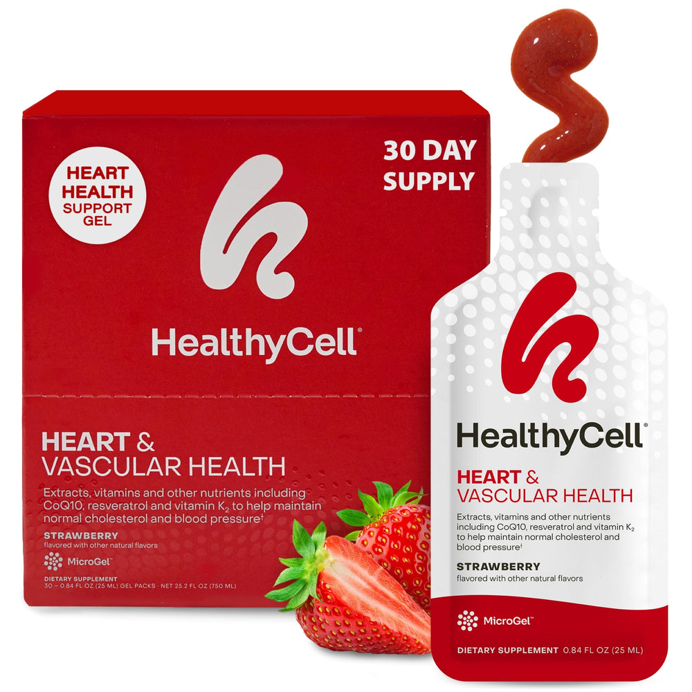 Front view of HealthyCell Heart & Vascular Health bottle with 30 gel packs