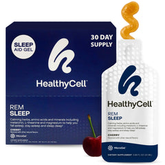HealthyCell REM Sleep Aid bottle and gel packs support a calm bedtime routine