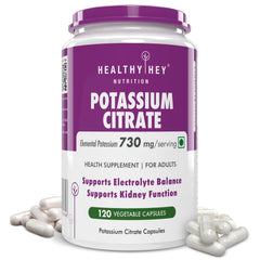 HealthyHey Potassium Citrate 730 mg bottle label with 120 vegan capsules