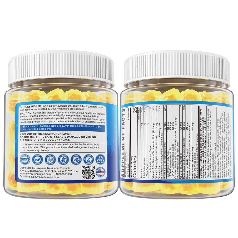 Visual highlighting heart, brain and immunity benefits from vegan omega-3 gummies