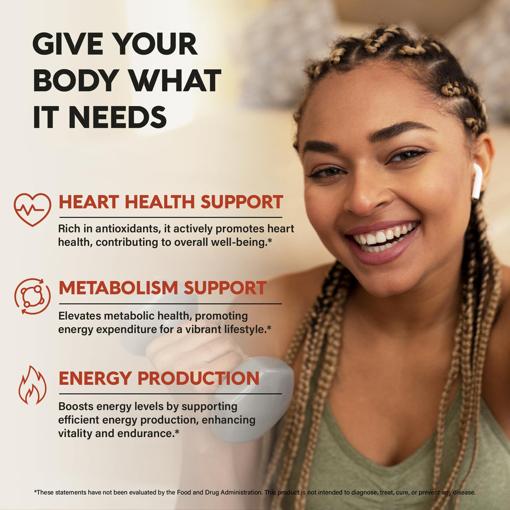 Graphic illustrating heart health, metabolism and energy support