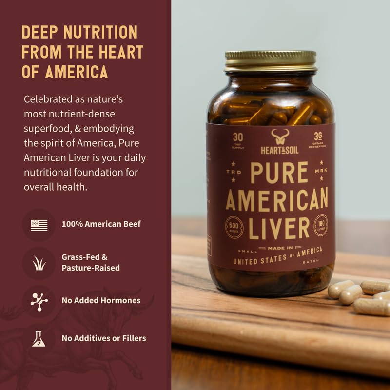 Close-up of HEART & SOIL grass-fed beef liver capsules