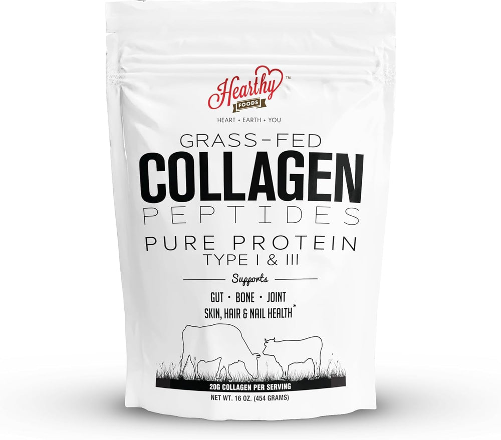 Hearthy Foods Collagen Powder bottle with scoop on white background