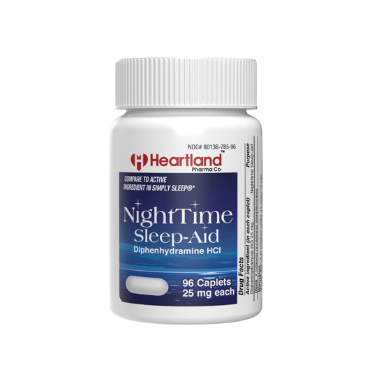 Front view of Heartland Pharma Diphenhydramine HCI 25mg 96-count bottle