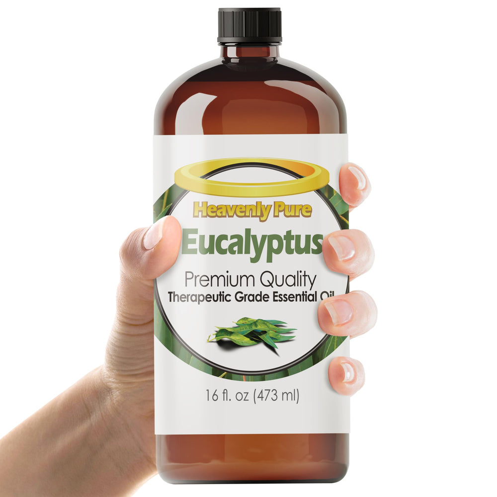 Front view of Heavenly Pure Eucalyptus Essential Oil 16 oz amber bottle