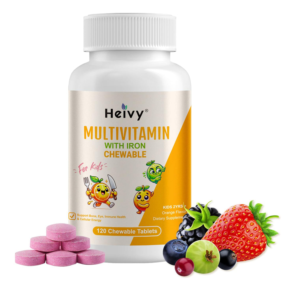 Front view of Heivy Children Multivitamin Chewable bottle with label