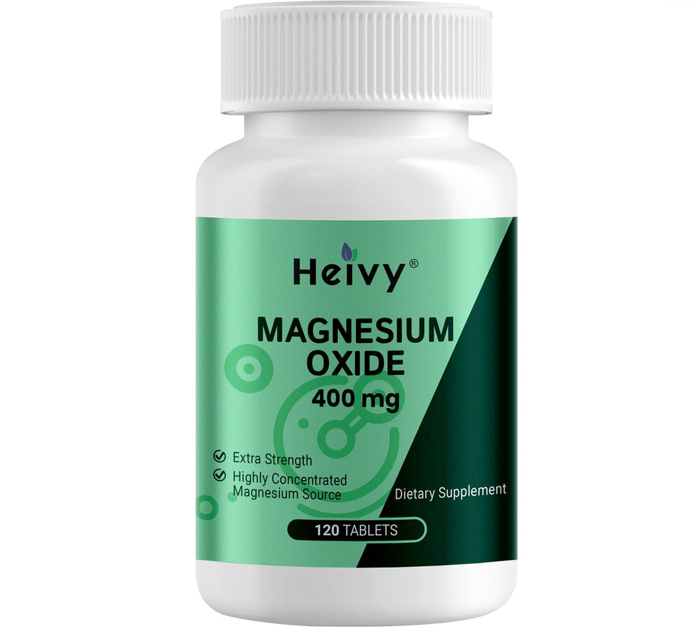Bottle of Heivy Magnesium Oxide 400mg supplement on a white background