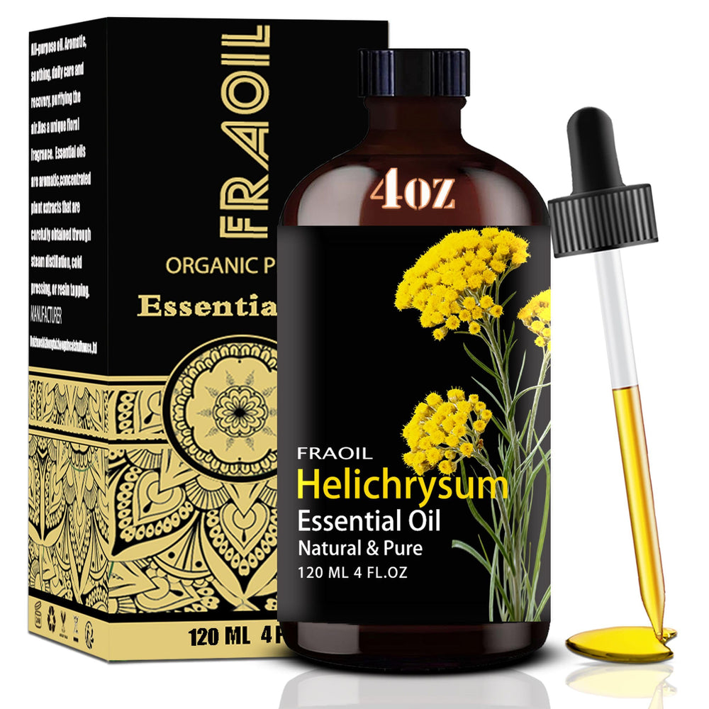 Helichrysum essential oil in a 4 oz amber glass bottle