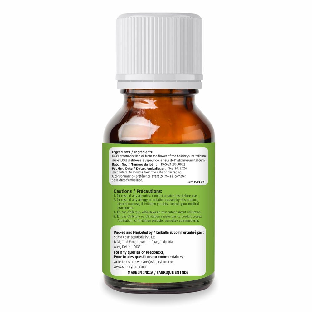 Close-up of Helichrysum Italicum essential oil in a bottle