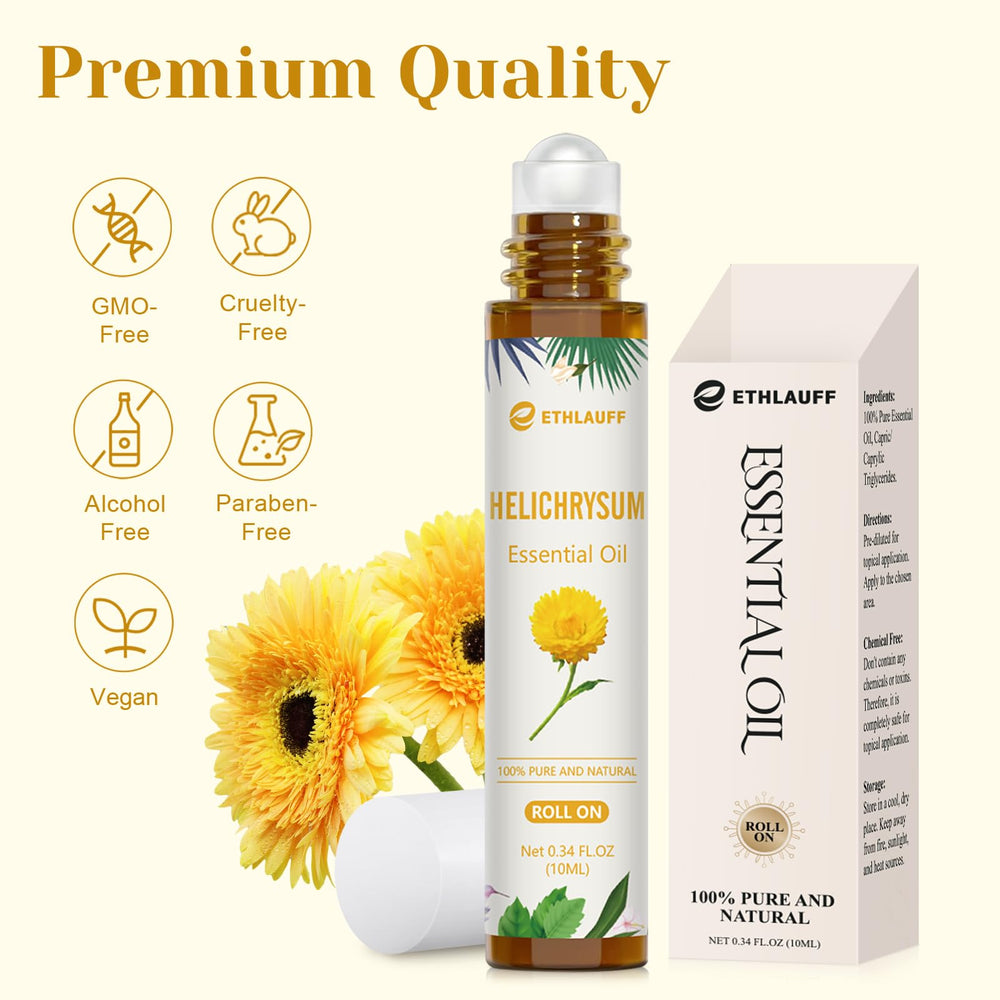 Premium glass amber bottle with roller cap and label detail