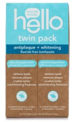 Twin pack of Hello Antiplaque and Whitening Fluoride-Free Toothpaste with natural peppermint flavor
