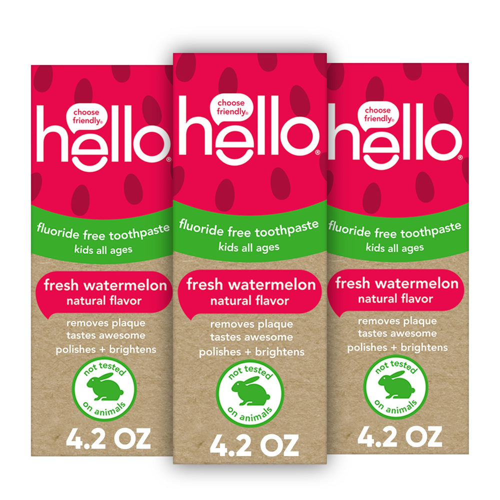 Three 4.2 oz tubes of Hello Fresh Watermelon Fluoride Free Kids Toothpaste in a 3-pack