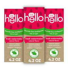 Three 4.2 oz tubes of Hello Fresh Watermelon Fluoride Free Kids Toothpaste in a 3-pack