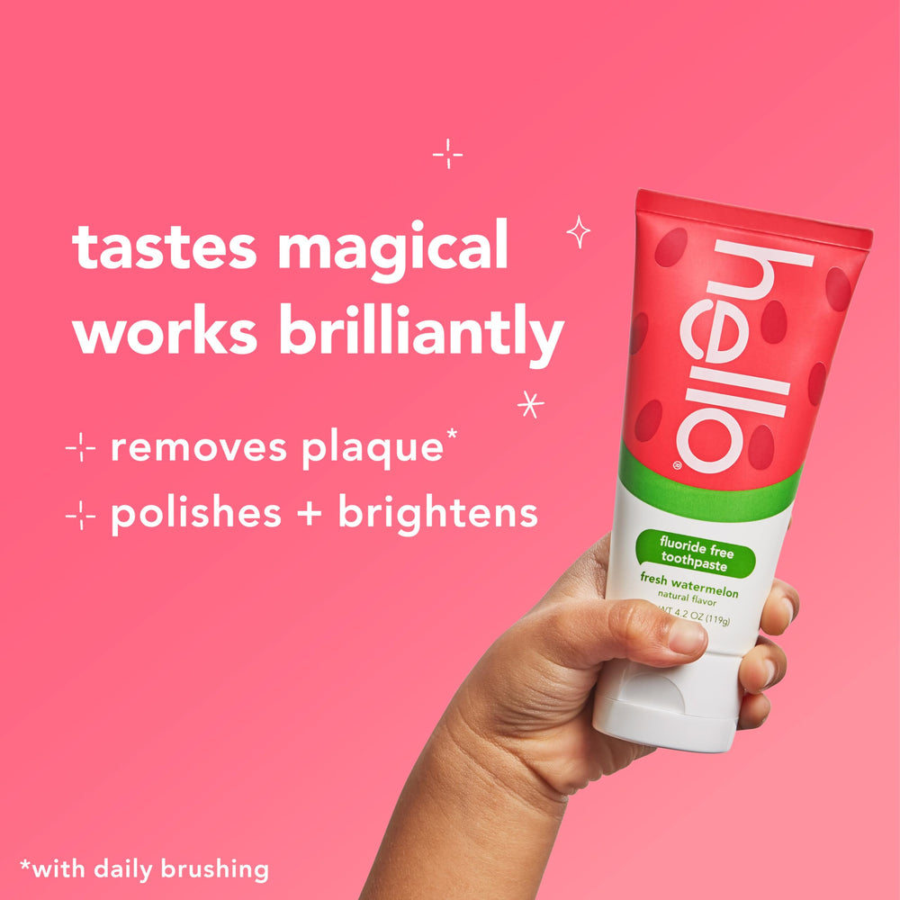 Hello Fresh Watermelon Kids Toothpaste packaging showing 3x 4.2 oz tubes