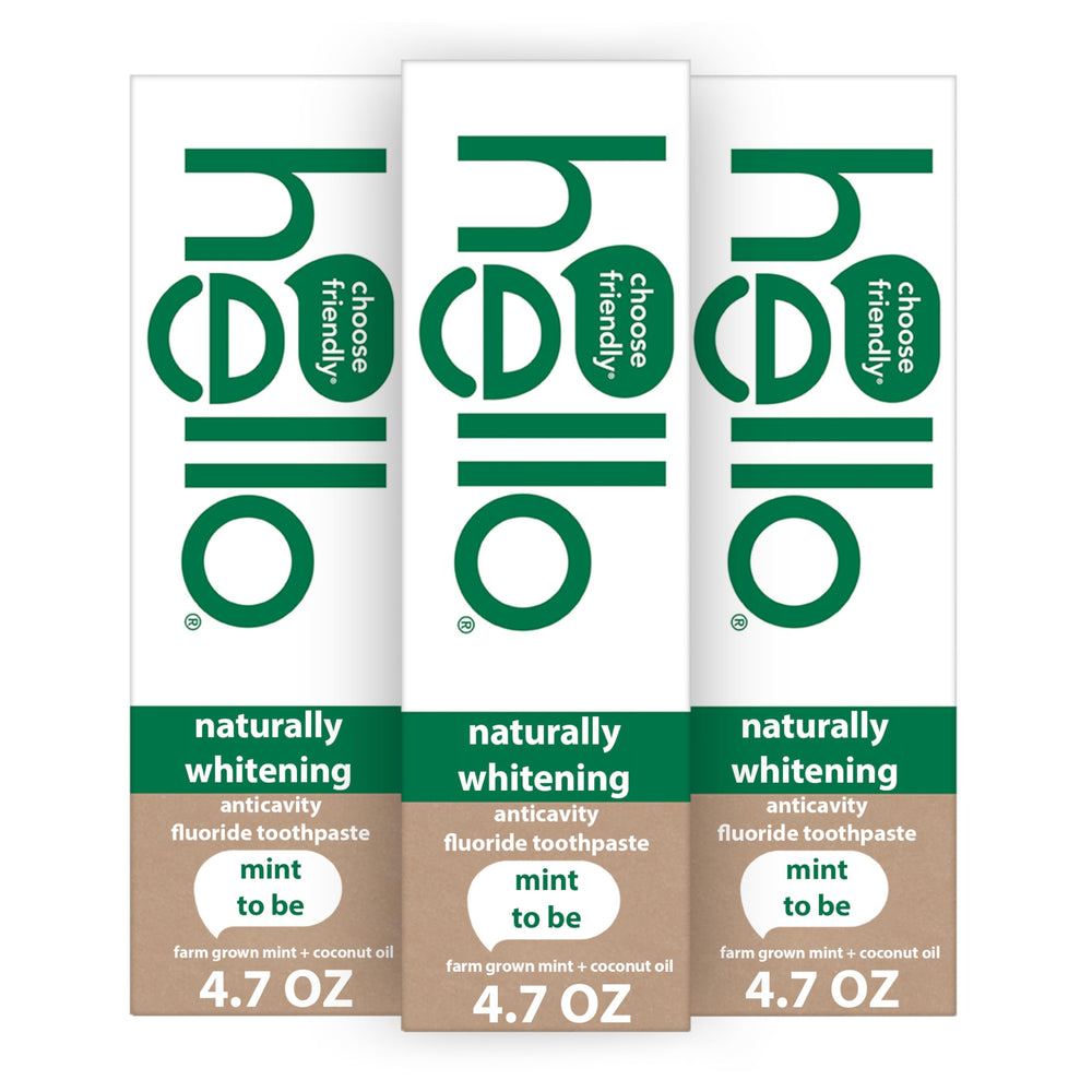 Three 4.7 oz tubes of hello Naturally Whitening Fluoride Toothpaste Mint package